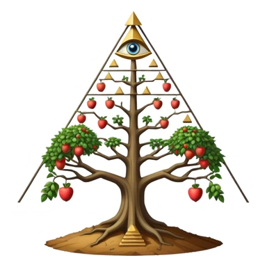 Annunaki tree from Garden of eden, that is actually a ancient tech antenna with illuminati all seeing eye in traingle symbol at the top and with little pyramids hanging like apples sticker