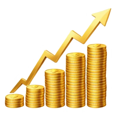 upward arrow next to gradually increasing stacks of gold coins, showing progression sticker