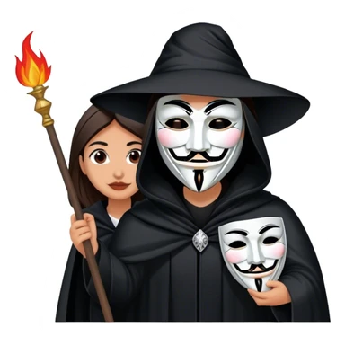 AOC in a black cloak revealing herself behind a guy fawkes mask sticker
