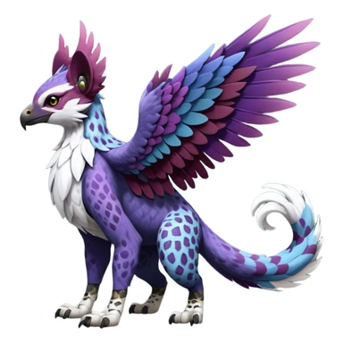 Winged hyper-realistic Feral Rare realistic edgy burgundy-purple pretty beautiful handsome gorgeous aesthetic colorful vibrant Vernid-Trico-Silvally-Nargacuga-Gryphon-fusion-hybrid-species-Fakemon-creature by LiLaiRa, random markings, tufted ears, full body with snow-leopard-pattern-markings sticker
