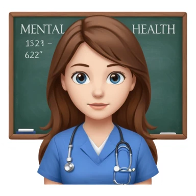 university classroom that says Mental Health Nursing on the blackboard with a pretty female nursing student with long brown hair, blue eyes sticker