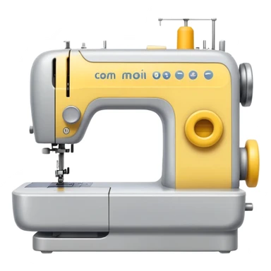 Emoji of a modern sewing machine inspired by a Brother machine. Soft, rounded shapes in the style of Apple emojis, with subtle gradients and soft shadows. White body with light gray details, a yellow spool on top sticker