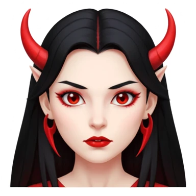 Head only demon girl, strong pronounced cheekbones, sharp angular jawline, skin fully pure red everywhere, long straight sleek black hair, small ho sticker