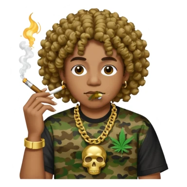 curly hair wearing bathing ape shirt smoking weed with grills sticker