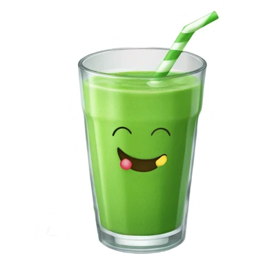 Generate a bright green smoothie emoji in a glass cup with a straw, decorated with a mint leaf and a smile. sticker