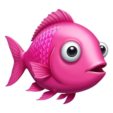 extremely derpy bright pink fish in perfect side profile facing right, but with both googly eyes comically visible and looking at viewer, stupid expression, flat 2D side view, very silly and goofy sticker