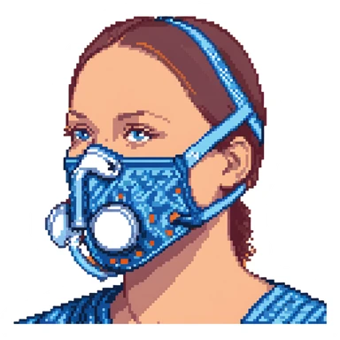 Pixelated blue VO2 max face mask with breathing tubes and valves, no person sticker