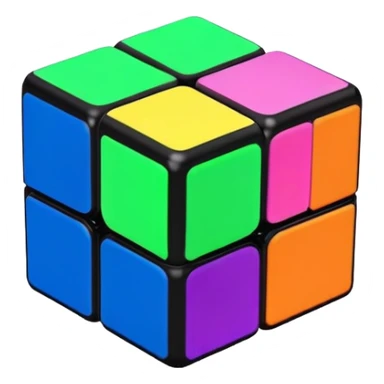 A 3x3 Rubik's Cube with fluorescent colors: glowing green, radiant pink, brilliant blue, luminous yellow, vivid orange, intense purple, minimalist iOS emoji style sticker