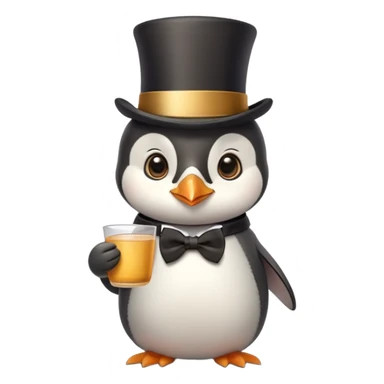 Cute baby penguin holding a cup of tea, a top hat, an elegant bowtie and a gold monocle sticker