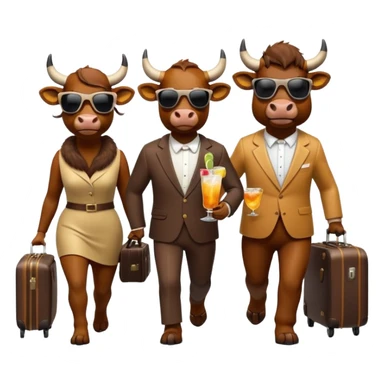 generate an emoji of a group of up to 8 male and female bulls travelling together on holidays. One bull has a suitcase, one has sunglasses, one is carrying a cocktail. They're all in motion, walking together. Make the characters look like bulls sticker