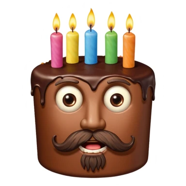 chocolate birthday cake with eyes and candles and beard sticker