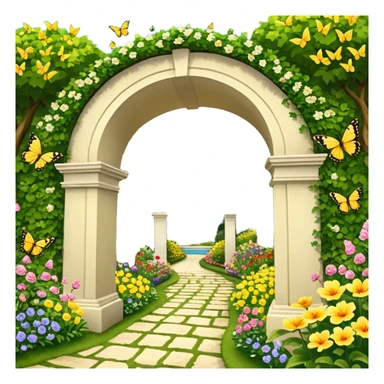 Still life, picturesque highly detailed garden adorned with diverse, vibrant flowers in full bloom, an archway in the center, lots of detailed yellow butterflies, lush trees masterpiece,  dpi 300, 8k. sticker