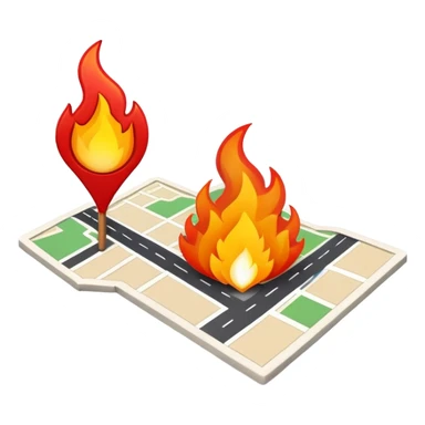 A map location pin marker on fire with flames coming out the top sticker