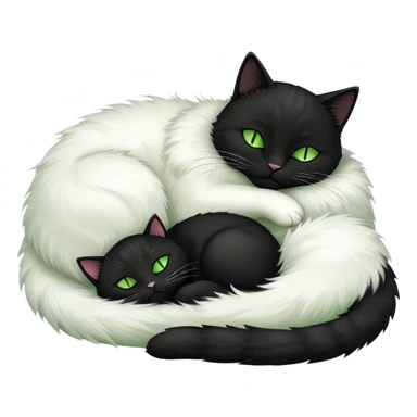 Big black cat with green eyes is sleeping with a small white cat sticker