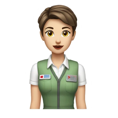 A brunette girl with a pixie cut, she has light pink lips, is white, and hazel blue eyes, she wears a light green shirt, a white vest over, and a light red choker. She is a field medic sticker