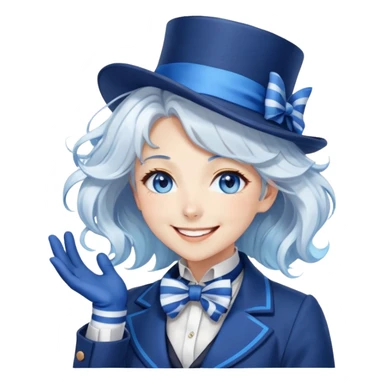 Beautiful gorgeous anime lady with white wavy hair with thin blue stripes, blue eyes, blue short top hat with a blue bow tie, smug smile, laughing, happy, blue coat, blue cravat, white gloves sticker