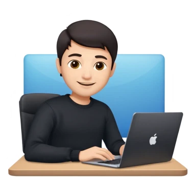 memoji of a man with a laptop, apple-style, modern, dark hair, black sweater, Indian fair skin, small cute smile, computer in hand, sitting at his desk, light blue gradient background sticker