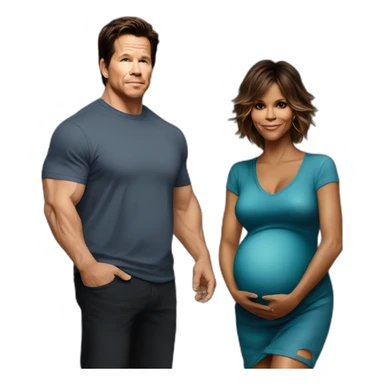pregnant Halle berry standing next to pregnant mark Wahlberg sticker
