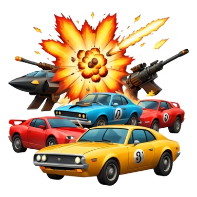 Icon for Action Movies Collage: Collage of iconic action movie elements, including explosions, a hero with weapons, a high-speed chase, and dramatic fight scenes. The design should be dynamic, colorful, and full of energy, capturing the essence of action films. Transparent background. sticker