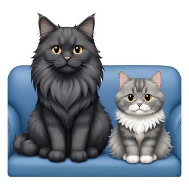 A large black smoke Maine Coon cat with long grey ear tufts and a fluffy grey ruff, sitting next to a chubby British Shorthair cat in blue color with plush fur, both sitting comfortably on a sofa. Beautiful room background with flowers and soft lighting. Transparent background. sticker