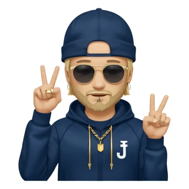 The French rapper Jul. Light skin, trimmed beard, dark navy tracksuit with hood, backwards cap, black sunglasses. Blond hair. both index and middle fingers pointing downward, forming a "J and L" shape. Gold chain and a smirk. Look evoke a Marseille urban vibe. sticker