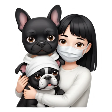 girl with short black straight bangs hair wearing a white mask and hugging a black French bulldog sticker
