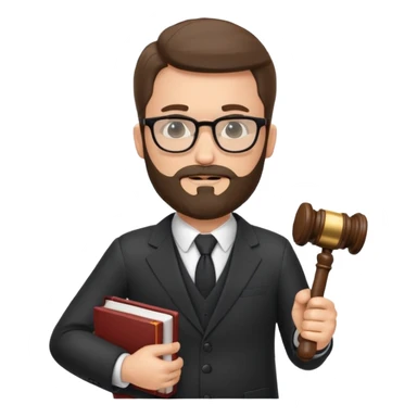 Create a male lawyer. he is wearing a fromal suit jckeret. He is holding a gavel in one hand and a book tucked under his another arm. He has beard and glasses sticker
