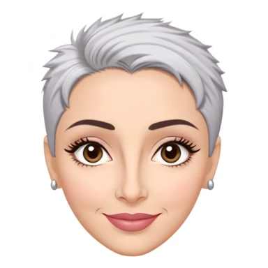 Puerto Rican actress Marian Pabón with elongated face, light pinkish skin, almond-shaped expressive eyes, straight nose, well-defined lips with wide smile, arched eyebrows, pronounced cheekbones, short spiky gray hair like a man's cut sticker