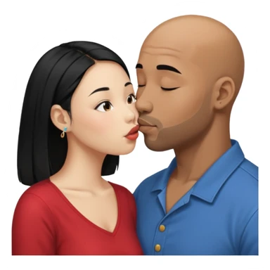 Bald black man with short beard deeply kissing each other. She is a short younger looking asain women. She has long black hair and a nose ring sticker