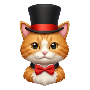Cute emoji-style orange tabby cat wearing a black top hat with a red band and a red bow tie, big round eyes, fluffy fur, clean mascot style, centered, transparent background, 1:1 ratio. sticker