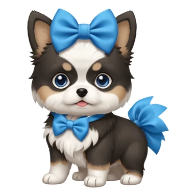 black and white pomsky with blue eyes with a shih tzu puppy who is tan and white with a big blue hair bow  sticker