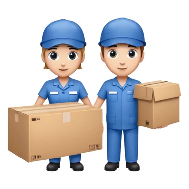 two suppliers standing together holding a big box, both wearing blue caps and blue work uniforms sticker
