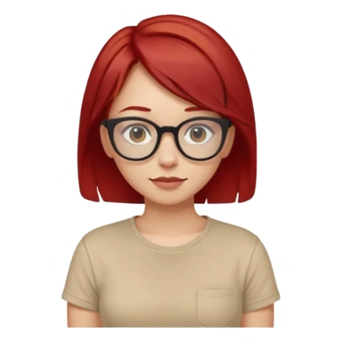 girl short-layer-red-hair wear beige T-shirt, wear dark red glasses sticker