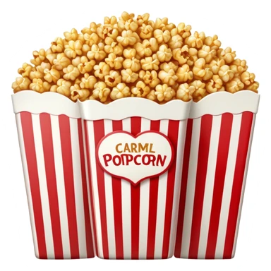 caramel popcorn in an extra large red and white vertically striped package, thick bold stripes, golden brown caramel popcorn, authentic Apple emoji style with glossy finish and subtle gradients, package dominates the image, minimalist clean design, no text sticker