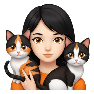 teenage girl with black hair with brown highlights with two cats that are tri-colored (black, orange, and white) sticker