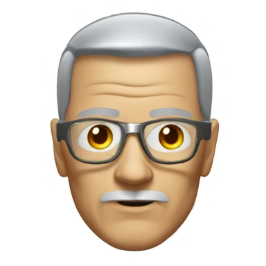 Older Male cyborg head with metallic plated face, brown flat top haircut, glasses and circuitry sticker