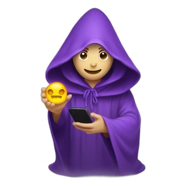 mage floating like a ghost in a purple hood holding smartphone with face in shadow smiling sticker