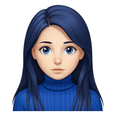 Mujer pelo oscuro y muy largo , con unos mechones saliendo, ojos oscuros y muy atractiva y con jersey de invierno azul de cuello vuelto sticker