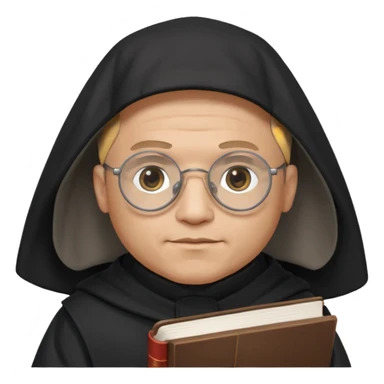 Monk priest prayer black habit with hood round black glasses done light brown wavy hair under hood remove the medallion smaller more round glassed age 46 no necklace more oval face hand holding book that says RB 480 top left is great add a little hair brown gray under hood  sticker