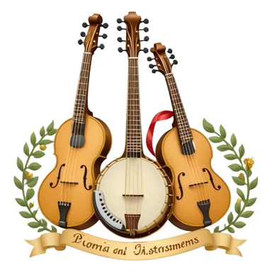 Design a complex, festive, and professional emblem-like emoji representing plucked string instruments. The composition should resemble a heraldic crest, featuring iconic instruments like a banjo, mandolin, domra, and sitar, artistically arranged in a balanced and symmetrical layout. The necks of the instruments should extend upward, intertwining with a flowing ribbon of musical notes, which weaves elegantly around the strings and headstocks. The design should incorporate intricate details, such as carved patterns on the instruments and decorative fretboards, while maintaining clarity and recognizability. Use a rich and celebratory color palette with gold, deep brown, and vibrant accents, adding subtle highlights and shadows for a polished, three-dimensional look. Include ornate elements like laurels, swirls, or subtle engraving to enhance the emblematic feel. The background should be transparent to highlight the composition as a standalone emblem. sticker