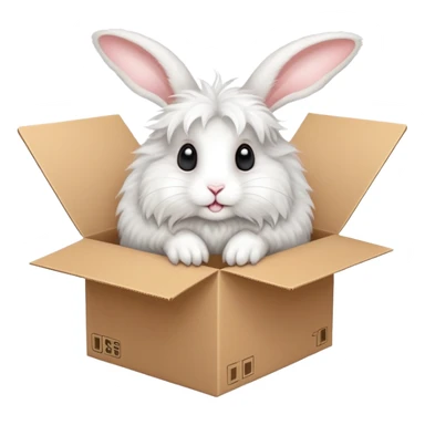  A very cute young Angora long rabbit  with one's head tilted to one side poked its paws out of the cardboard big box and placed them on top of it sticker