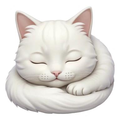 Meme-Worthy Cute Sleeping White Cat Portrait Emoji, Head peacefully tilted with a tender, contented smile and eyes gently closed in serene slumber, featuring a pristine white fur with subtle, delicate silver accents, simplified yet irresistibly adorable, highly detailed, glowing with a soft, drowsy radiance, high shine, exuding calm, heartwarming charm, styled with a gentle, soft glowing outline, capturing the essence of a sleeping white cat that seems destined to become the next viral icon of adorable repose! sticker