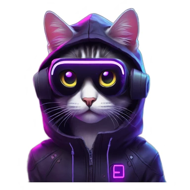 Russian cat wearing a black hoodie with "OMG" letters on it and VR headset in a cyberpunk VR environment with violet neon lighting. sticker