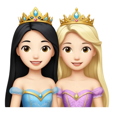 Asian girl black hair and blonde white girl dressed as princesses sticker