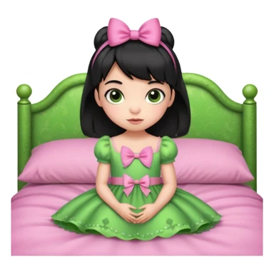 princess frog on bed pink bow with a pink dress cute girly pop black hair short baby bangs sticker
