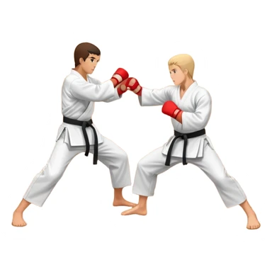 An icon representing traditional Karate, featuring two opponents in a martial arts dojo. One is performing a powerful punch, while the other defends with a block. The background showcases a classic dojo setting with wooden floors and sliding doors. Transparent background sticker