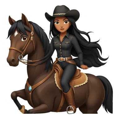 confident hot tanned woman with long black hair wearing black outfit riding a horse cowgirl style sticker