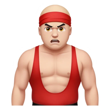 Close-up of white skin fat guy with young face, no muscle with prominent black durag, completely shaved face, no beard or mustache, black eyes in a red and black wrestling singlet with angry face sticker