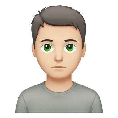 white man with dark messy short hair, dark green eyes, wearing a gray t-shirt sticker