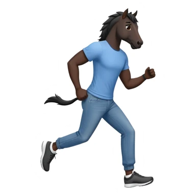 friendly anthropomorphised black stallion in jeans and a t-shirt, jogging upright in relaxed pose sticker